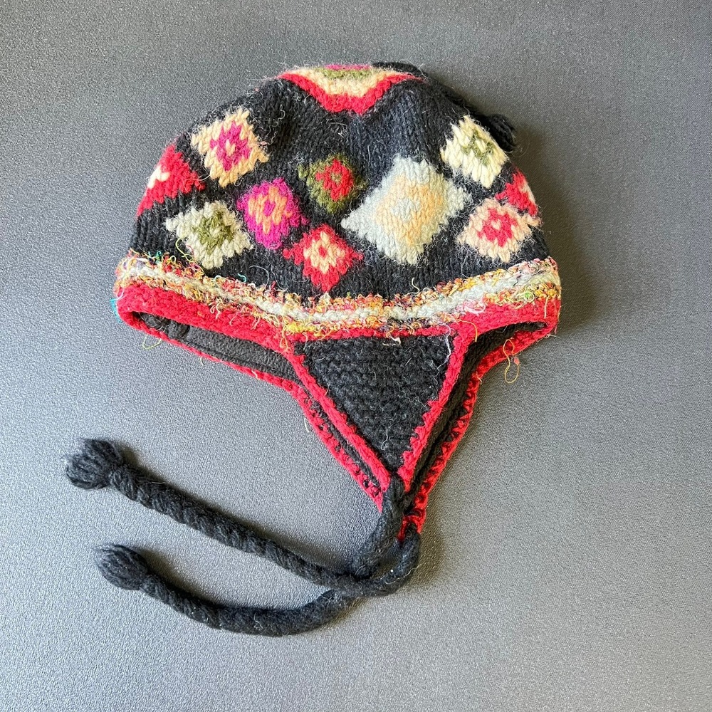 Rising Tide Wool Knit Earflap Hat Lined Beanie Nordic Eclectic Artisan Warm Cozy